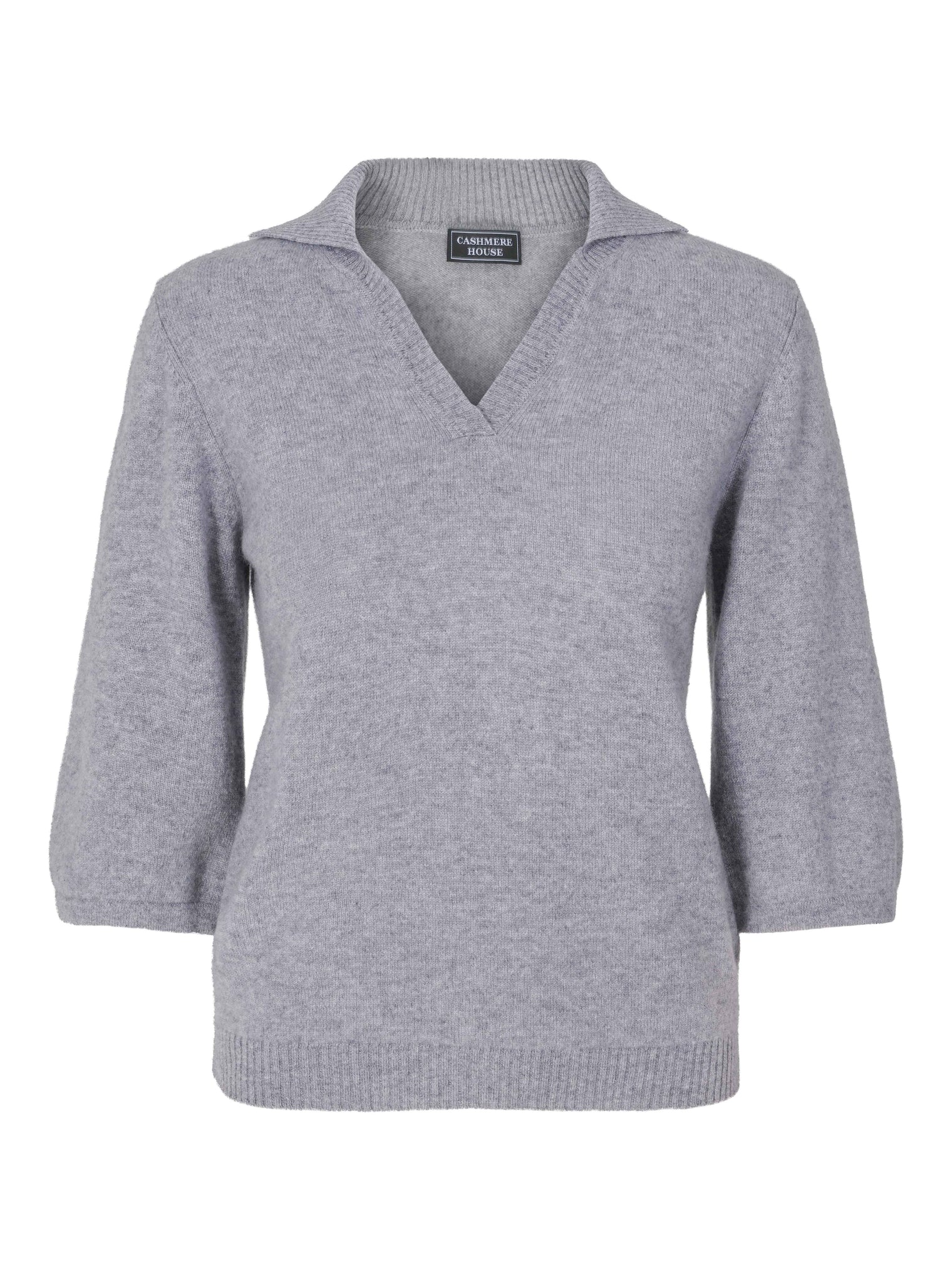 Short-sleeved light gray cashmere polo v-neck