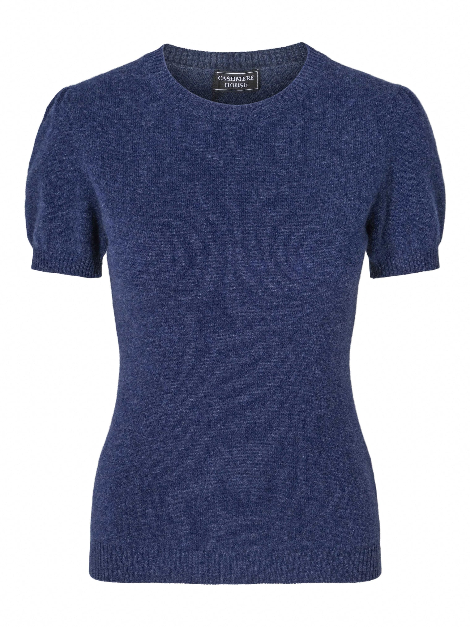 Short-sleeved denim cashmere sweater with puff sleeves