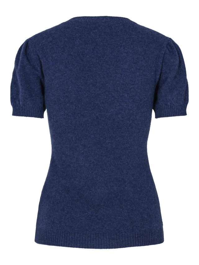 Short-sleeved denim cashmere sweater with puff sleeves