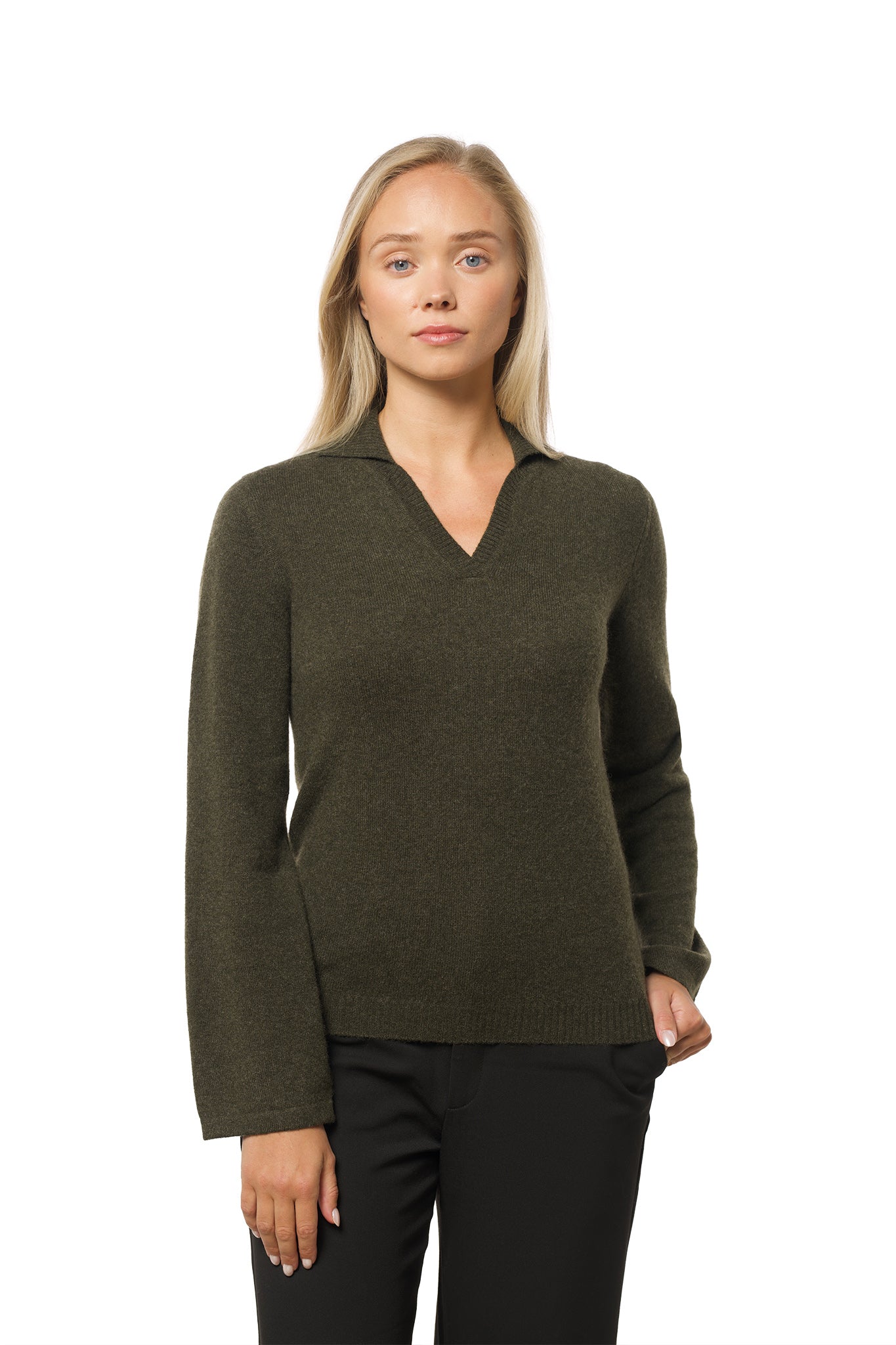Classic moss green cashmere sweater with v-neck and collar