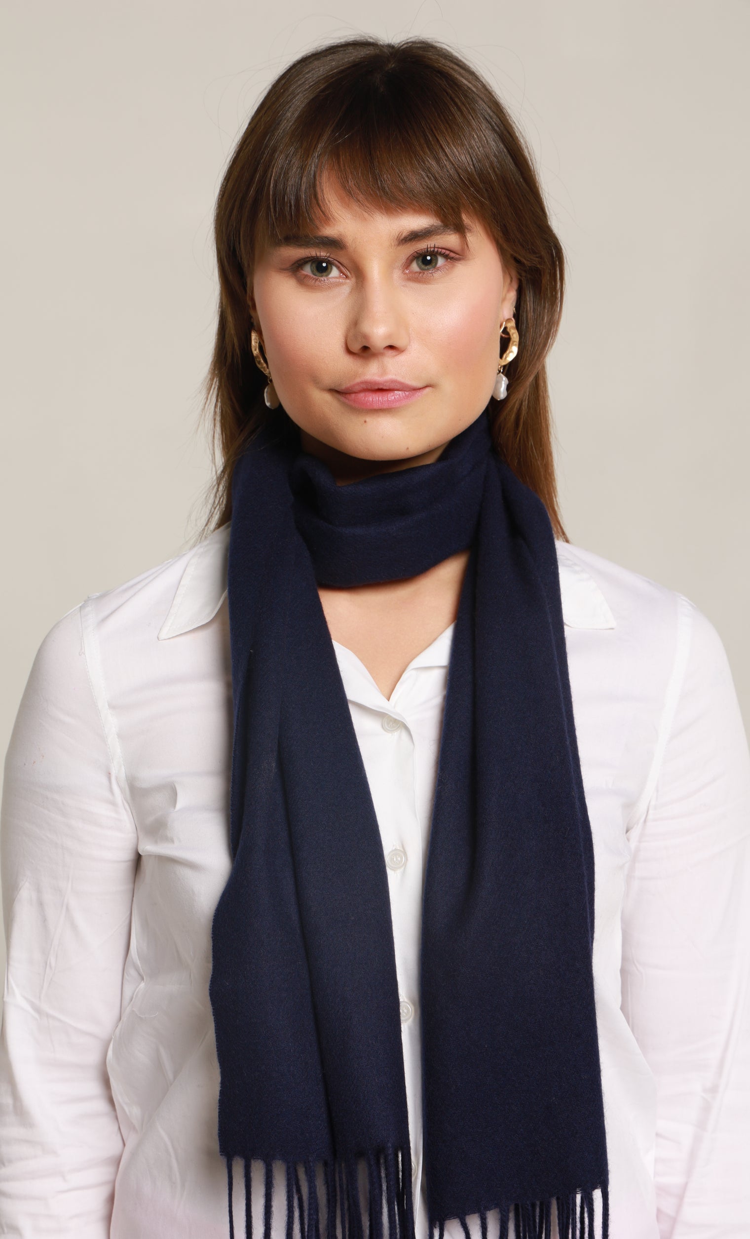 Cashmere Scarf with Fringes – Navy Blue