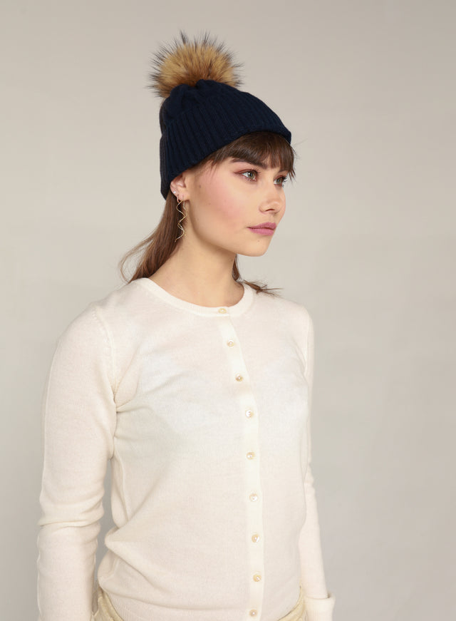 Cashmere hat navy blue with tassel