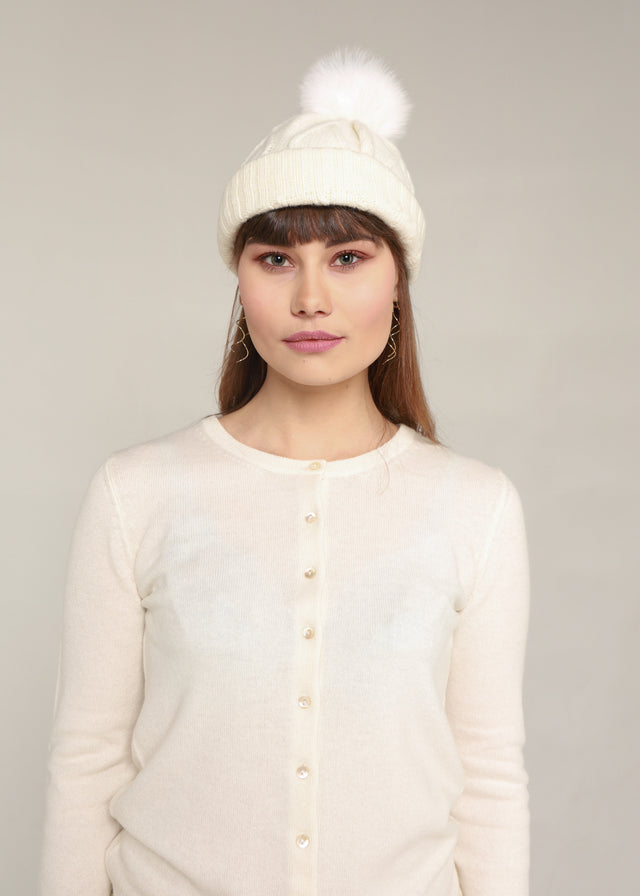 Thick White Cashmere Beanie with Pompom