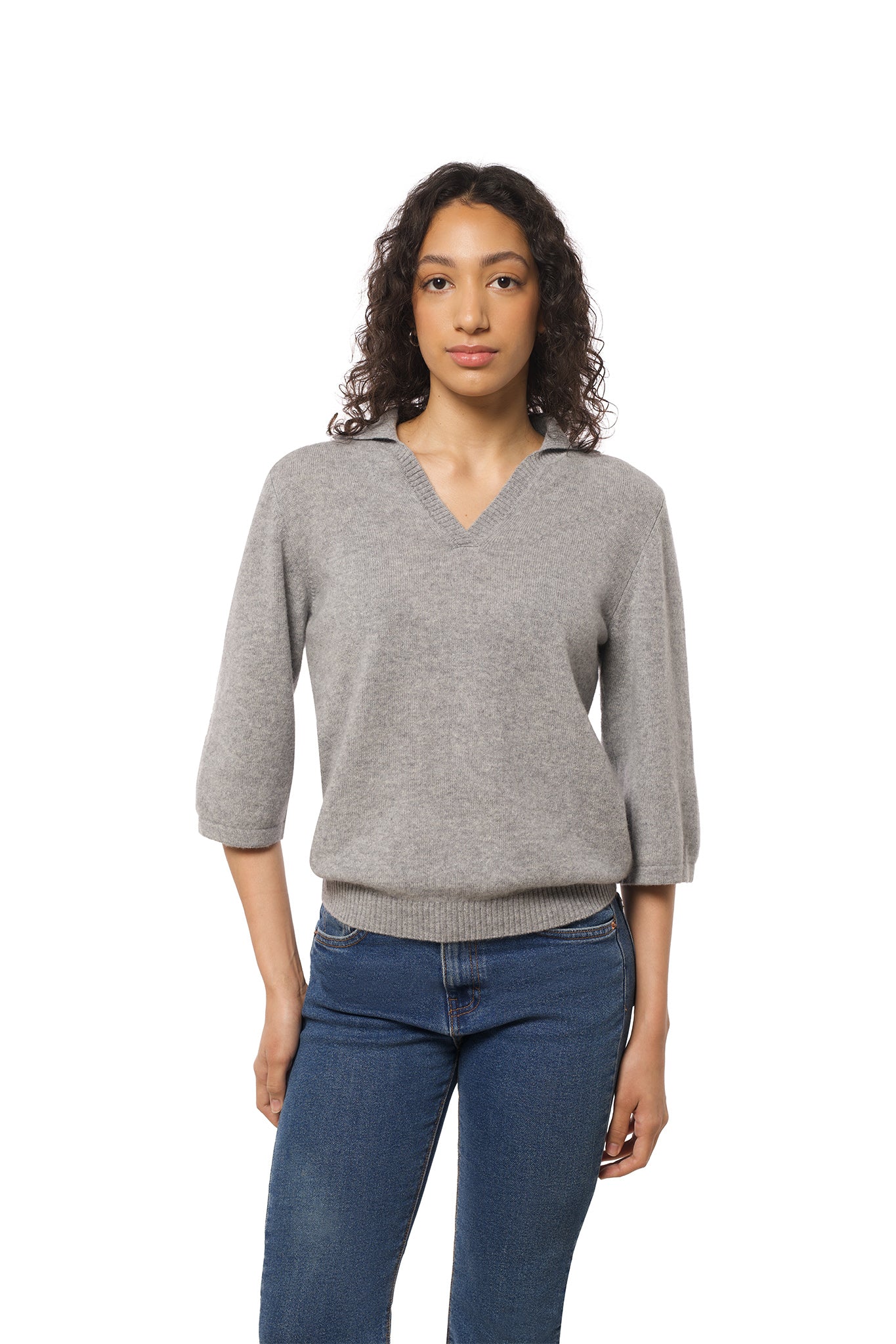 Short-sleeved light gray cashmere polo v-neck