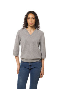 Short-sleeved light gray cashmere polo v-neck