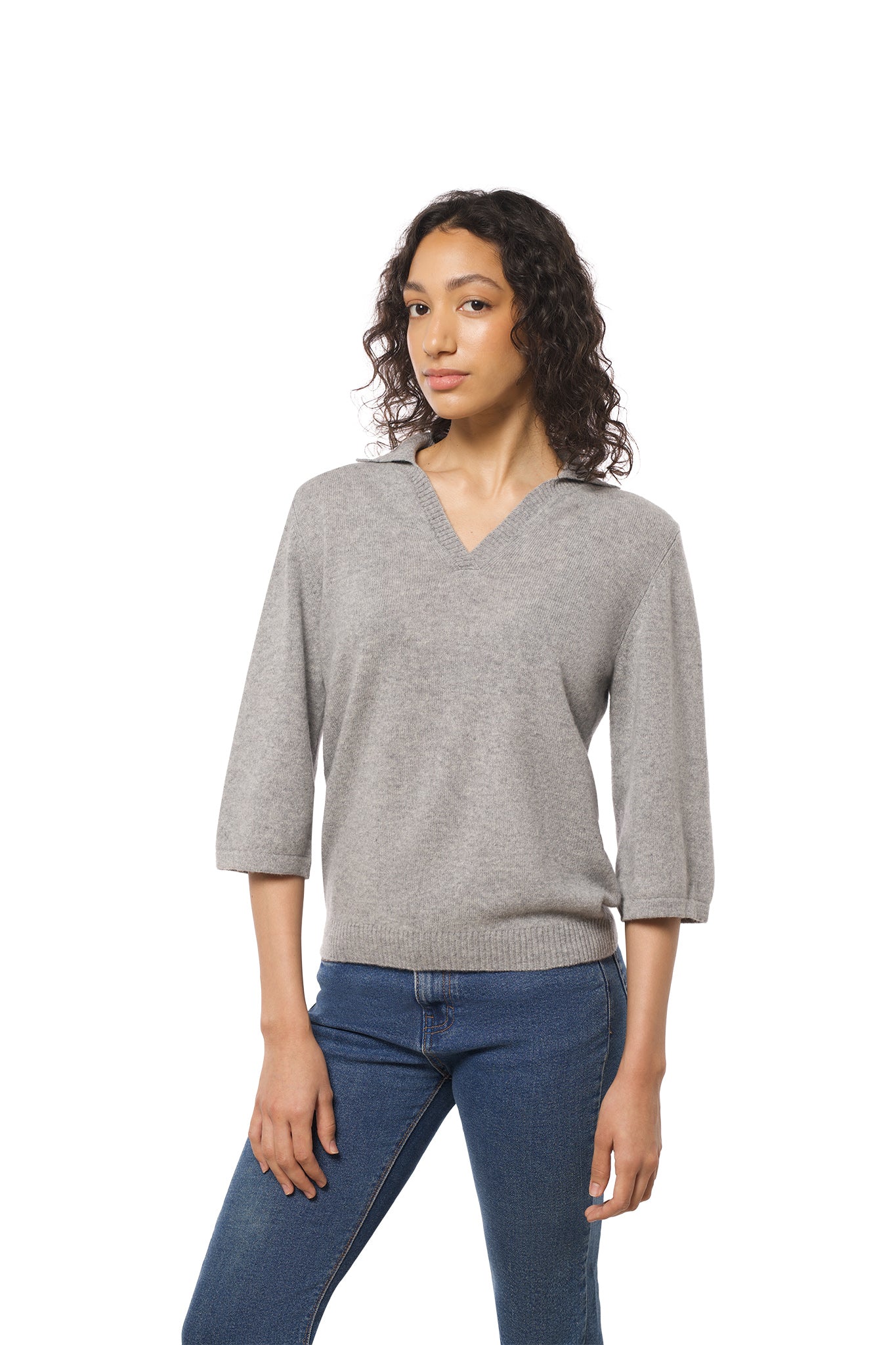 Short-sleeved light gray cashmere polo v-neck