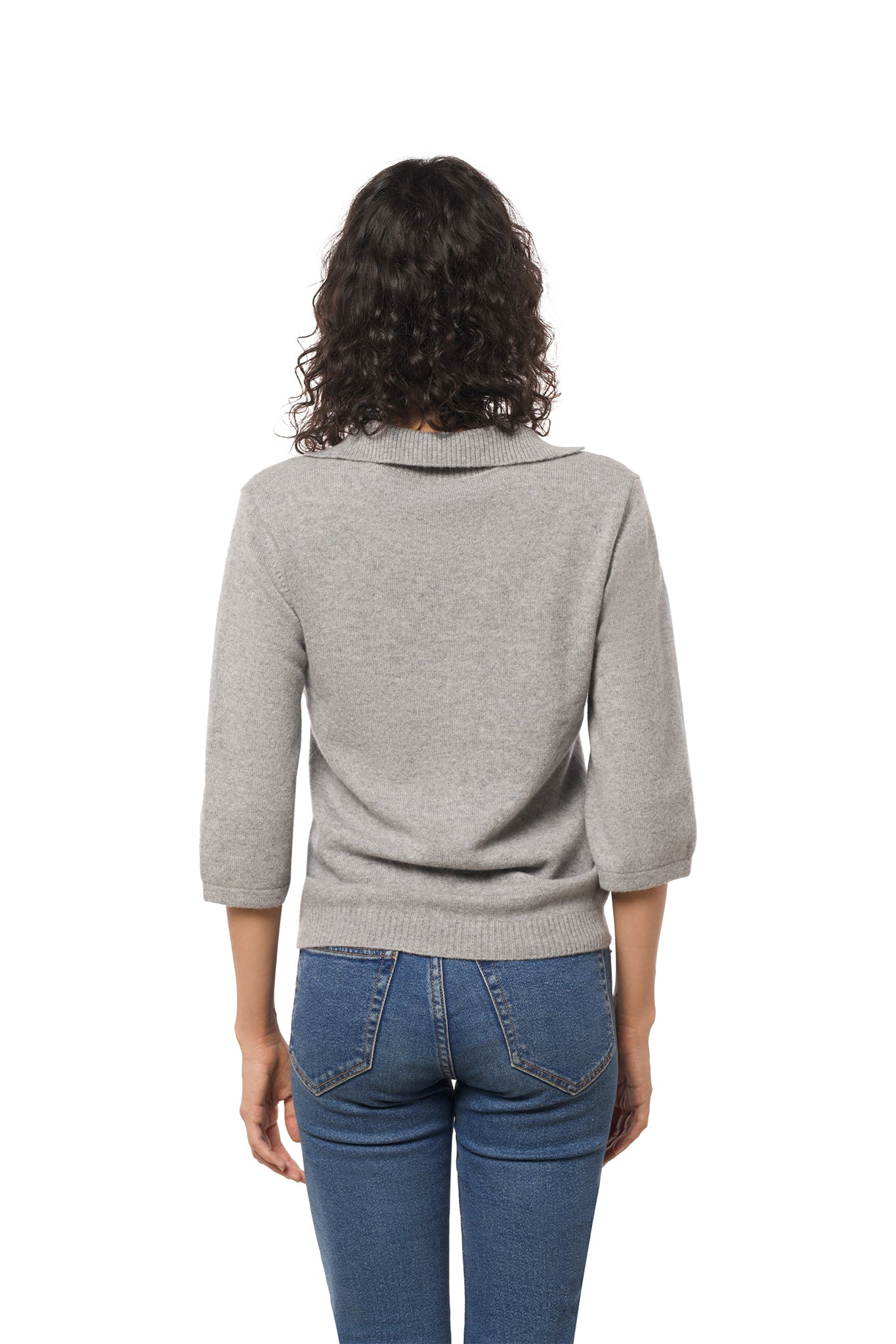 Short-sleeved light gray cashmere polo v-neck