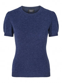 Short-sleeved denim cashmere sweater with puff sleeves