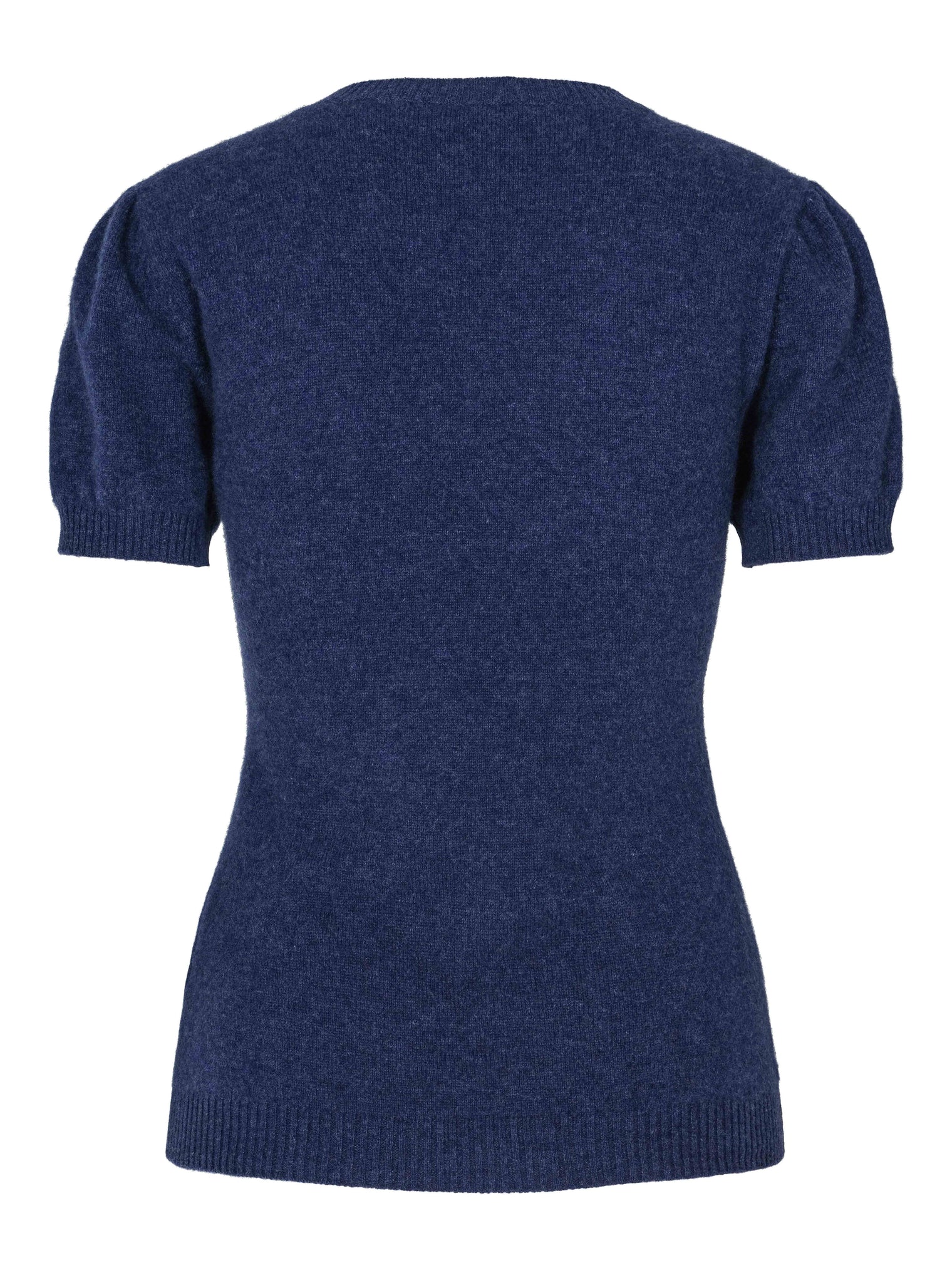 Short-sleeved denim cashmere sweater with puff sleeves