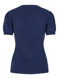 Short-sleeved denim cashmere sweater with puff sleeves