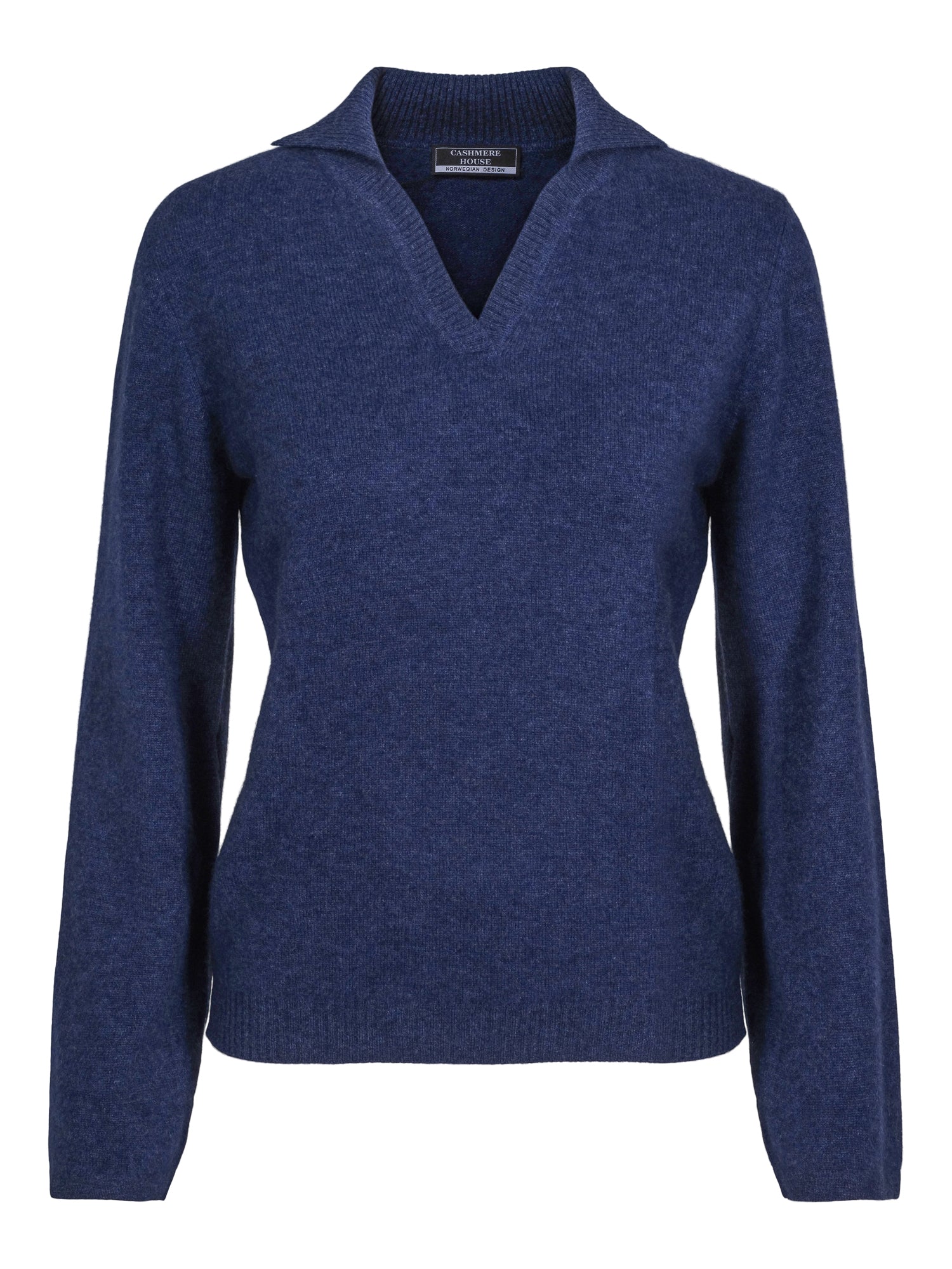 Classic demin cashmere sweater with v-neck and collar