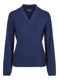 Classic demin cashmere sweater with v-neck and collar