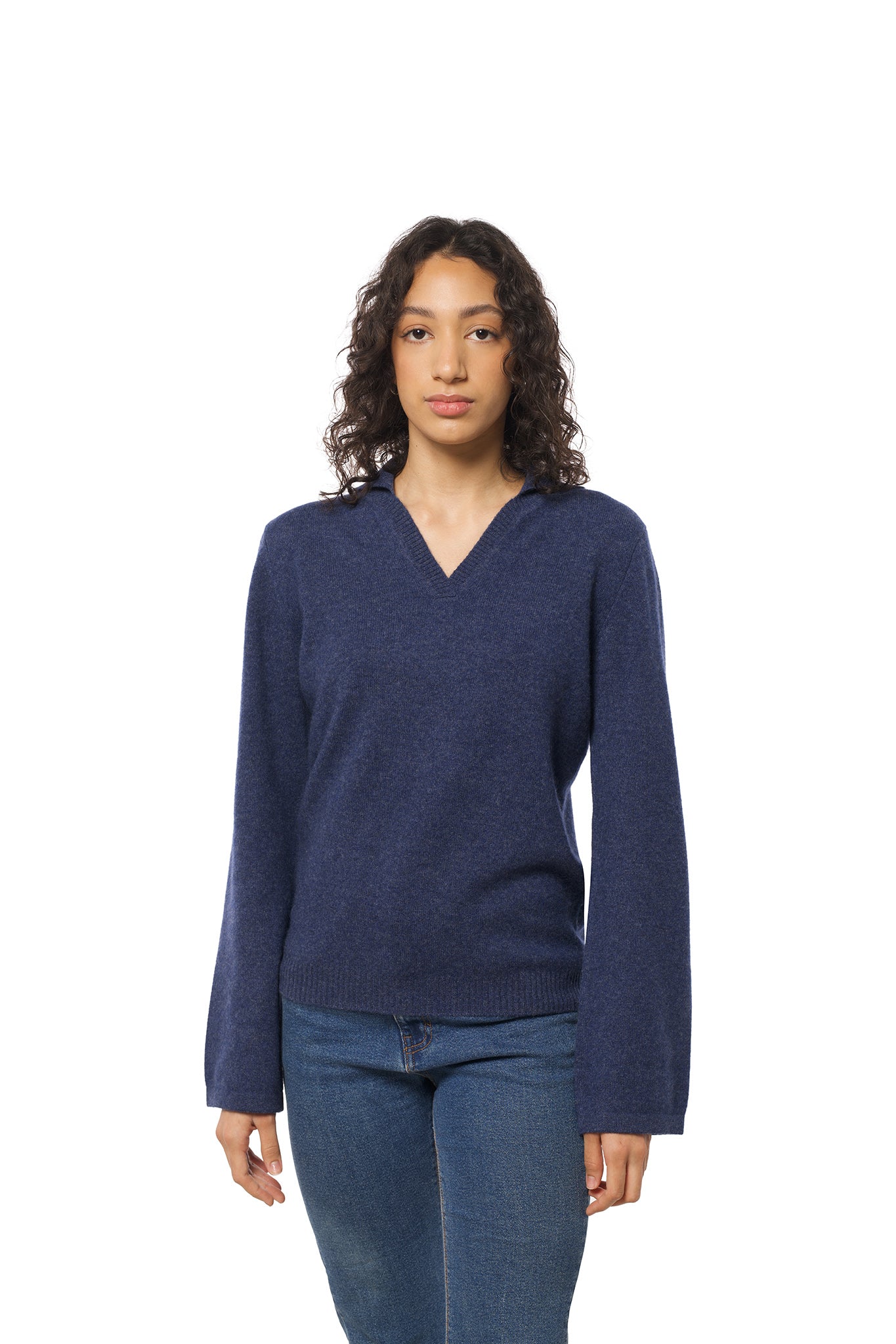Classic Denim Cashmere Sweater with V-Neck and Collar