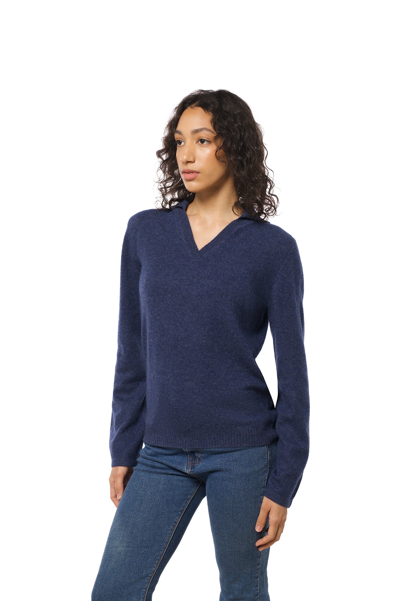 Classic Denim Cashmere Sweater with V-Neck and Collar