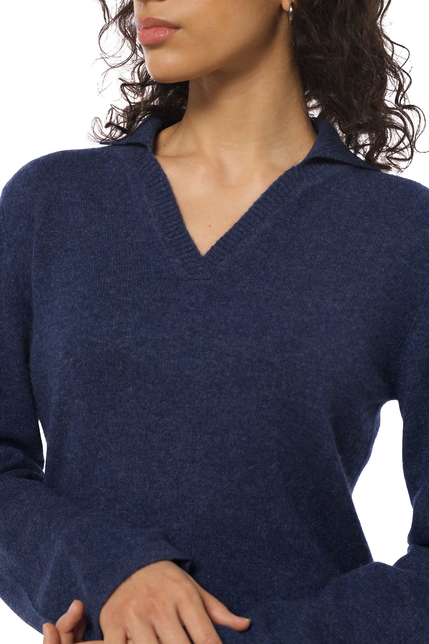 Classic Denim Cashmere Sweater with V-Neck and Collar
