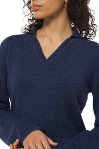 Classic Denim Cashmere Sweater with V-Neck and Collar