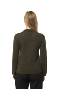Classic moss green cashmere sweater with v-neck and collar