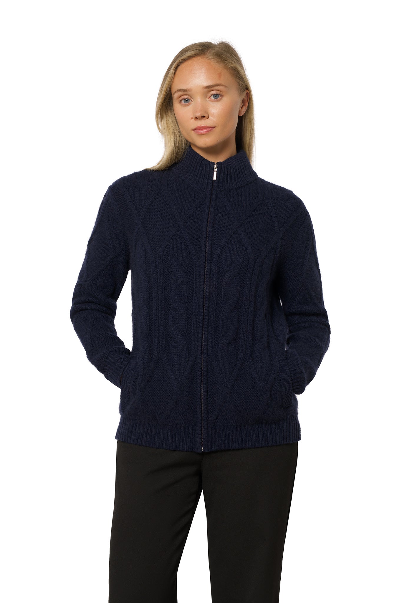 Thick Cable Knit Cashmere Jacket – Navy Blue