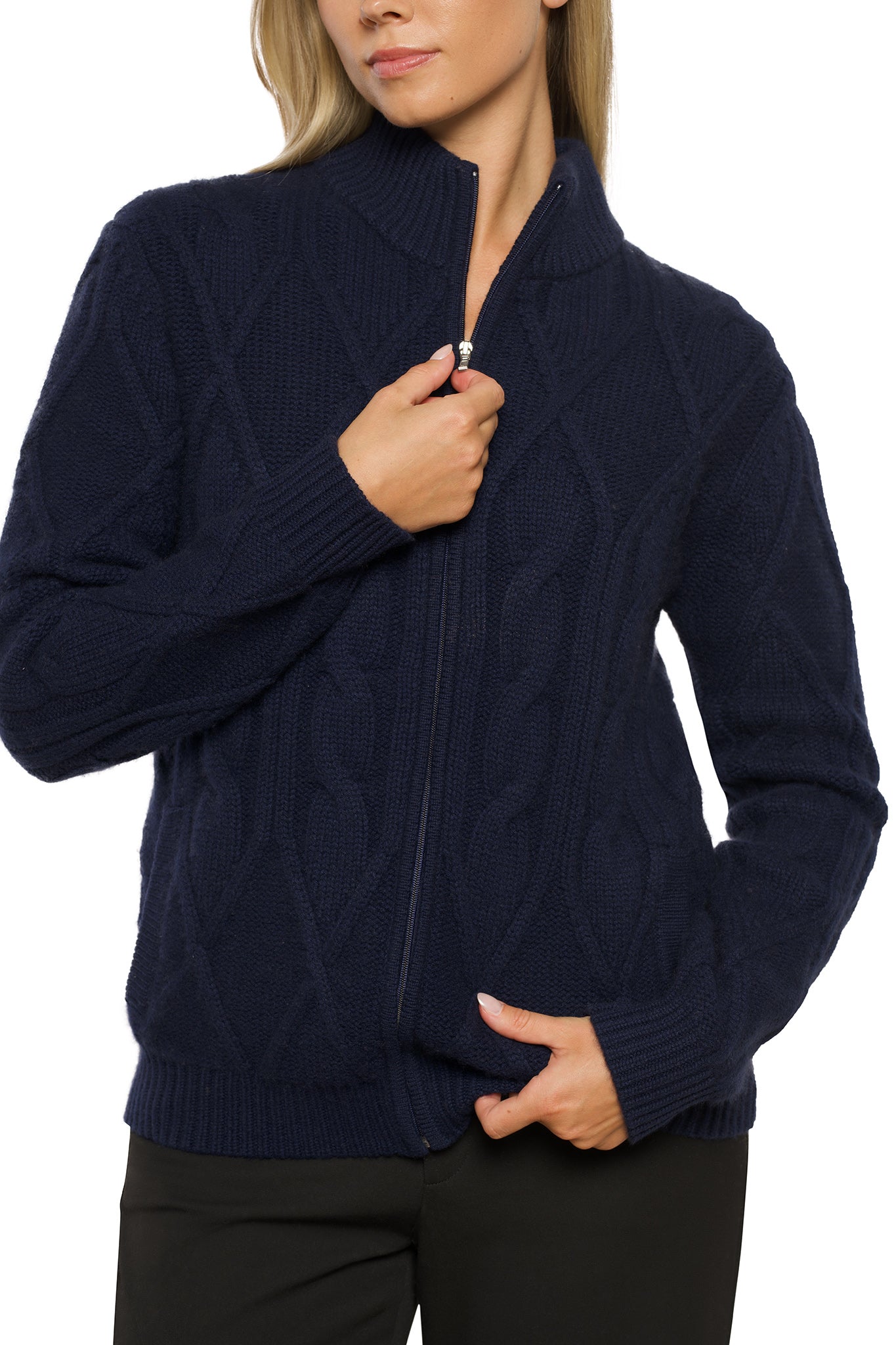 Thick Cable Knit Cashmere Jacket – Navy Blue