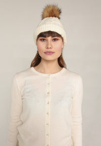 White Cashmere Beanie with Pompom